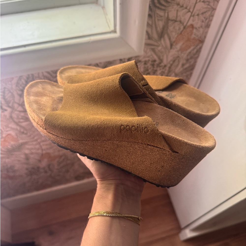 Papillio Suede Wedge Slide Sandals in Camel Brown
